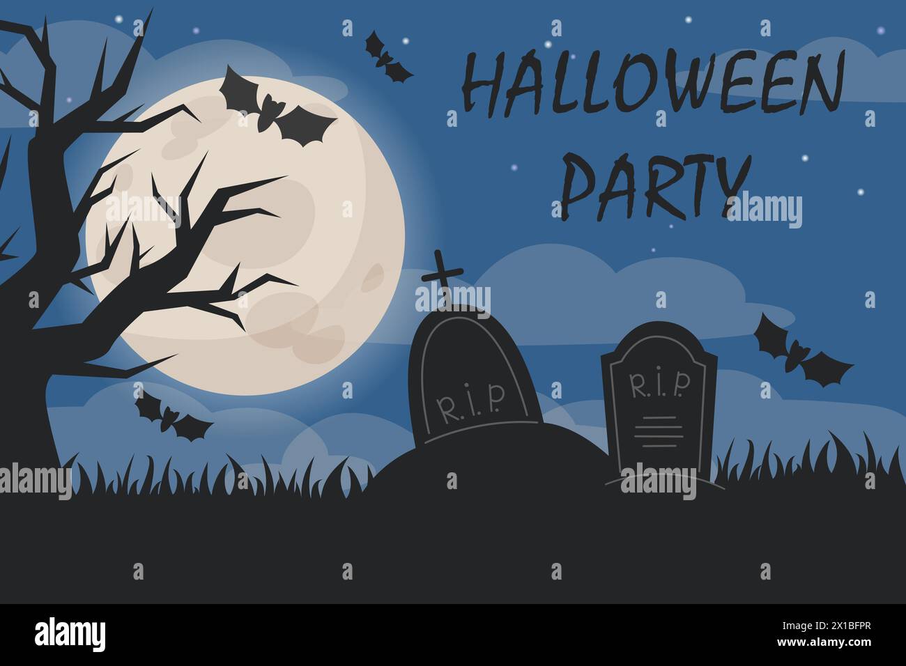 Halloween night landscape illustration with full moon and cemetery ...