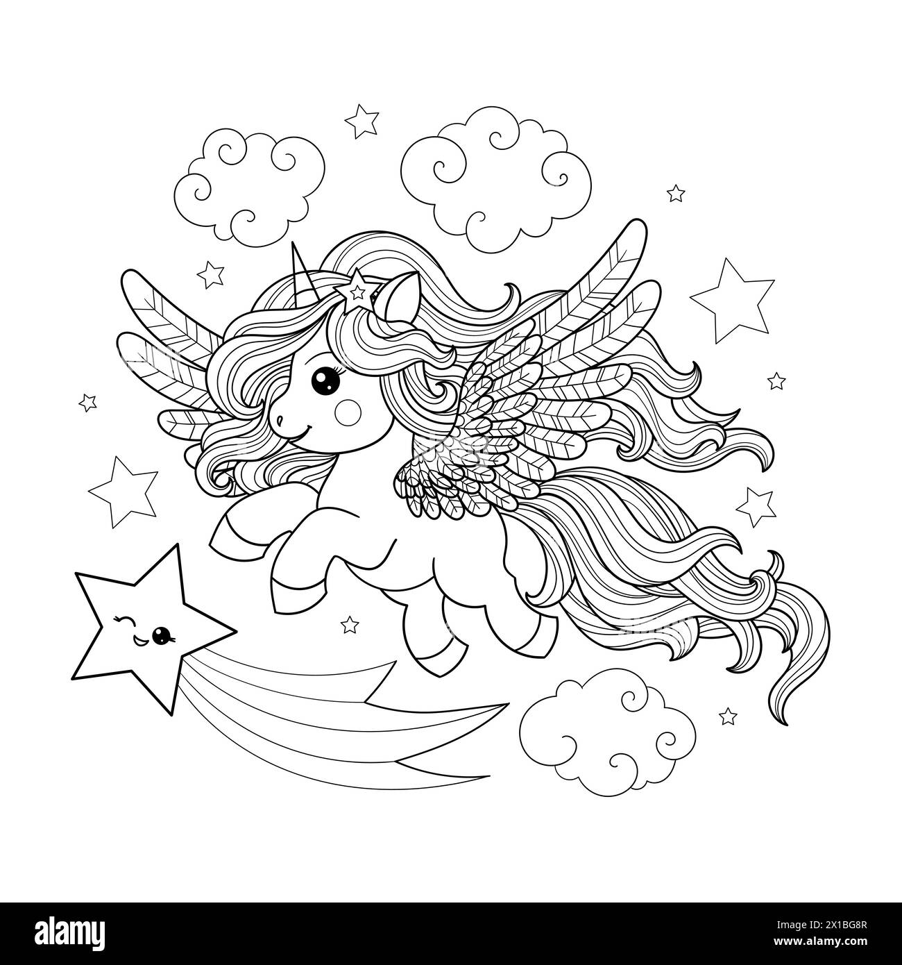 A cute, little cartoon unicorn with a long mane flies in the sky with a star. Black and white linear drawing. For children's design of coloring books, Stock Vector