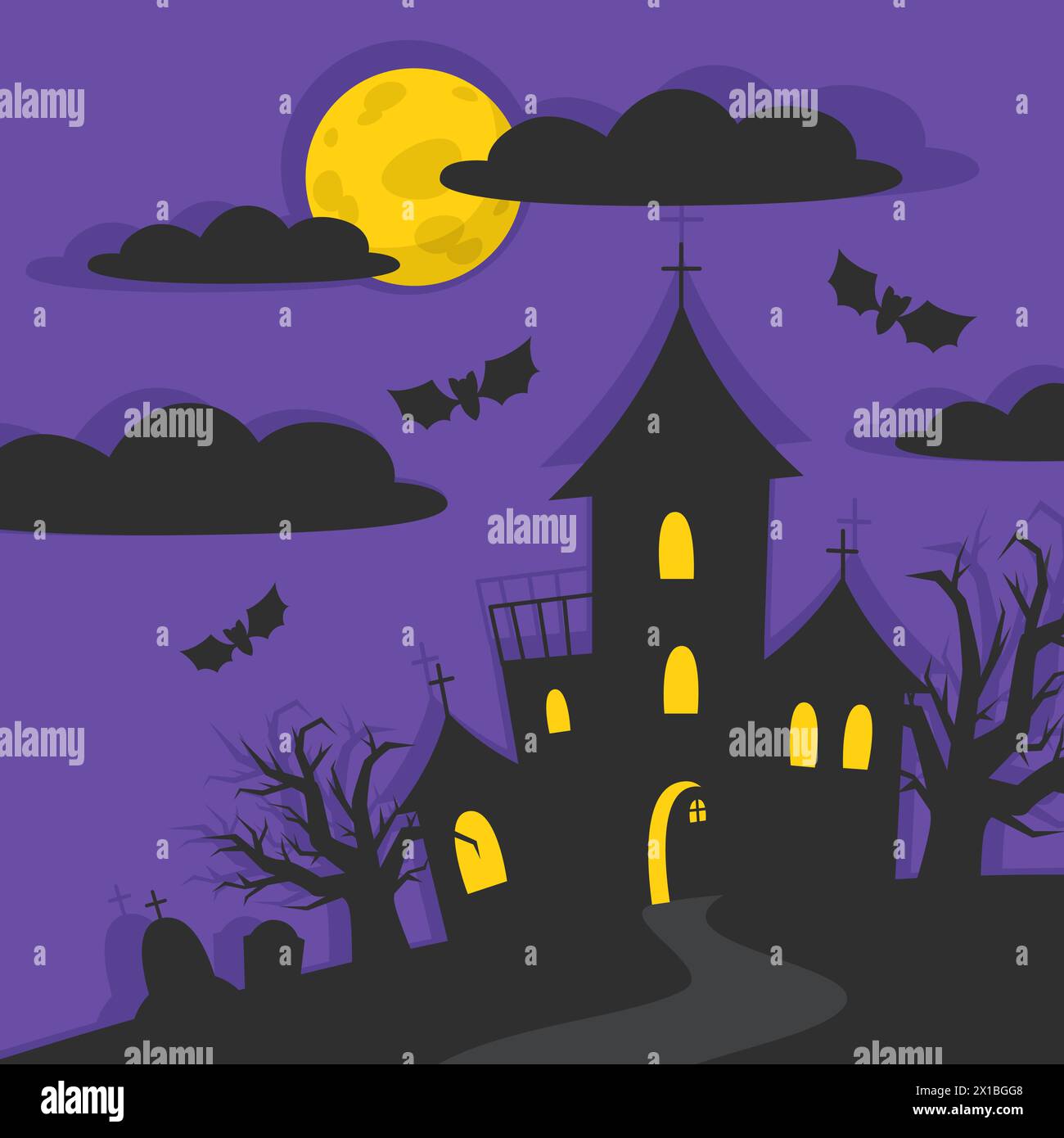 Halloween illustration of night landscape with castle and full moon ...