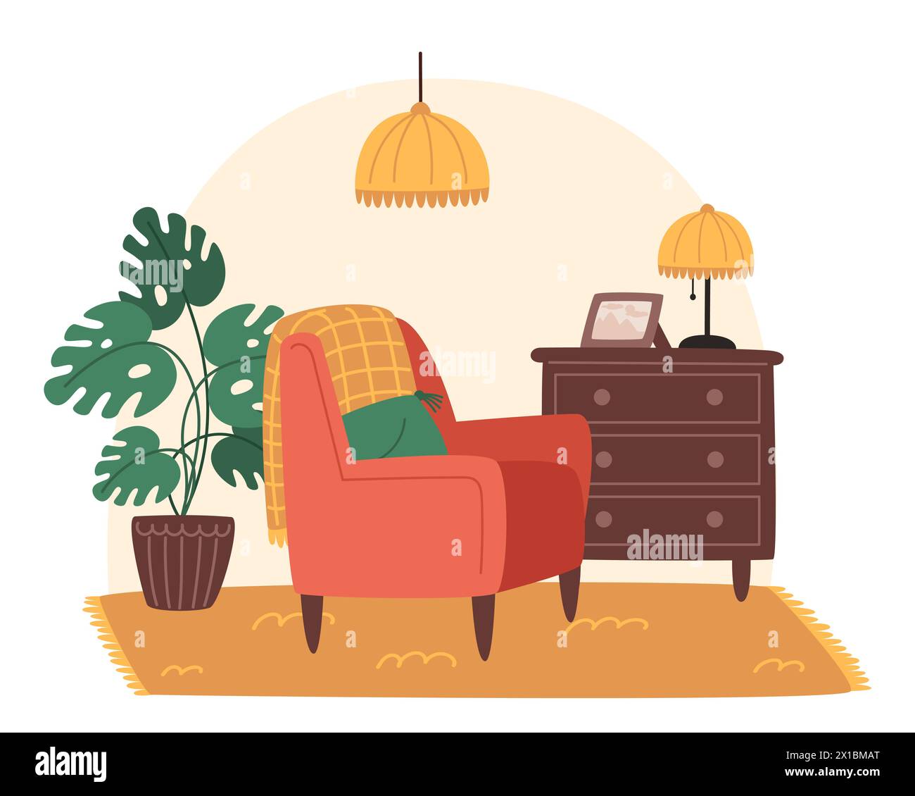 Cozy living room with armchair and potted plants in flat style Stock ...