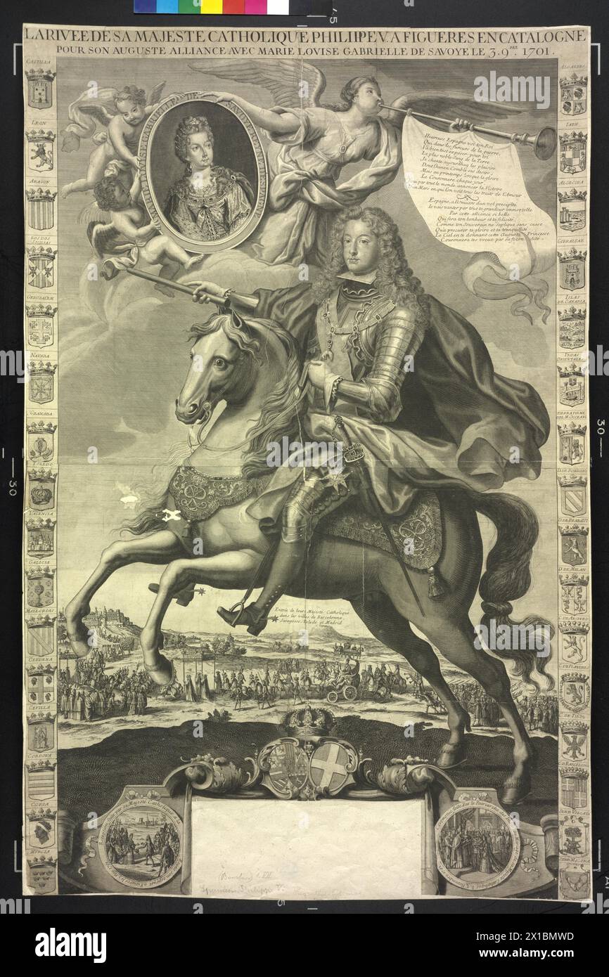Philipp V., King of Spain, equestrian image, velvet picture of his first wife Marie Louise, princess of Savoy, in oval medallion, as well as scenes of the marriage. copper engraving. coat of arms, - 17010101 PD0004 - Rechteinfo: Rights Managed (RM) Stock Photo