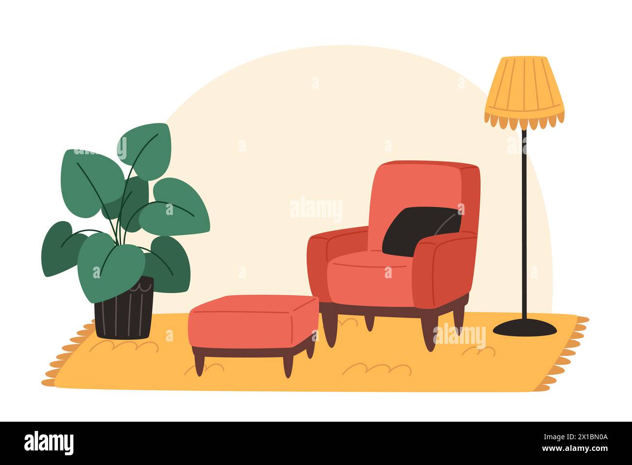 Cozy living room with armchair and potted plants in flat style Stock ...