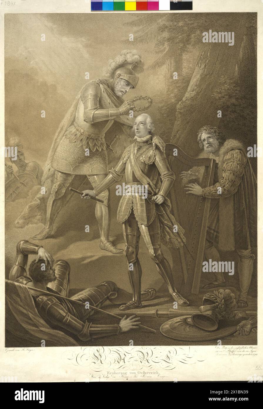 Karl Archduke of Austria, apotheosis: King Rudolf I of Habsburg crowned Archduke Karl. stippling / aquatint by Karl Hermann Pfeiffer together with Anton Herzinger based on a painting by Henry Fueger. script engraved from Junker illustrated person key page Pg III / 1 / 53, - 17990101 PD0036 - Rechteinfo: Rights Managed (RM) Stock Photo