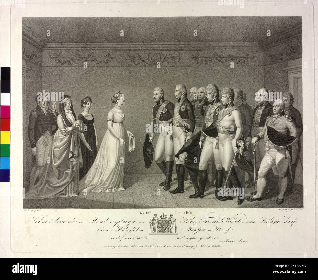 Meeting of Frederick Wilhelm III and Louisa of Prussia with czar Alexander I in Neman on 10th June 1802, stipple engraving by Johann Frederick Bolt based on a watercolour by Henry Anton Daehling, - 18050101 PD0065 - Rechteinfo: Rights Managed (RM) Stock Photo