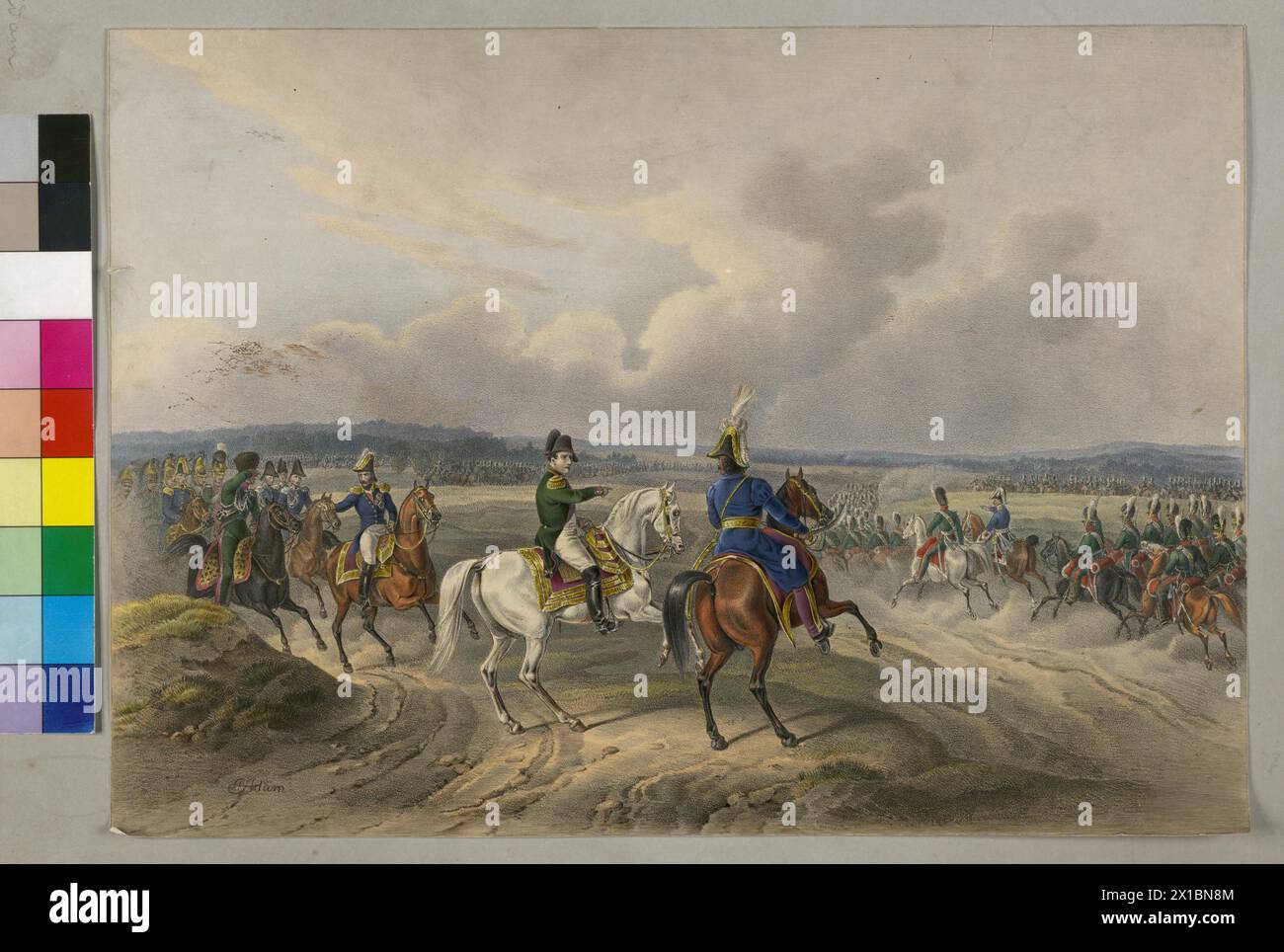 Napoleon I at the Duena, 1812, German Invasion of the Soviet Union 1812: Napoleon I Bonaparte, Emperor of the French, on 24.7.1812 together with Bavarian regiments at the Duena. coloured lithograph by Albrecht Adam, signed, circa 1812, - 18120101 PD0041 - Rechteinfo: Rights Managed (RM) Stock Photo