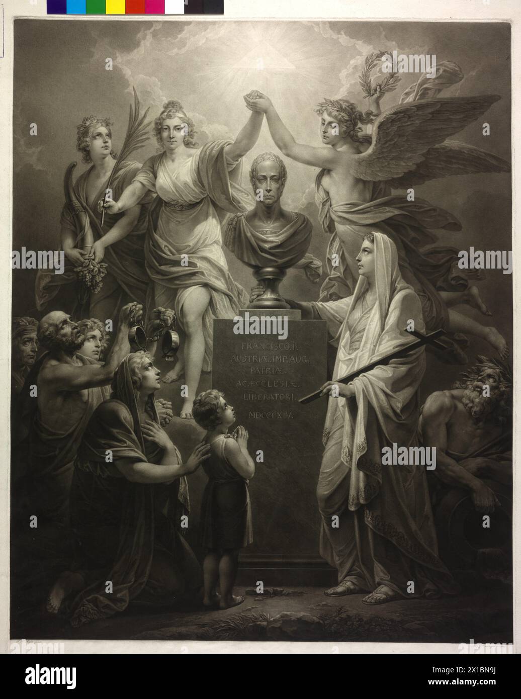 Apotheosis of the emperor Franz II- The benediction of the peace, bust of the emperor Franz I (II) on a pedestal, surround by allegoric form. mezzotint by Vinzenz Georg Kininger based on a painting by Henry Frederick Fueger, designate and dated 1821, - 18210101 PD0097 - Rechteinfo: Rights Managed (RM) Stock Photo