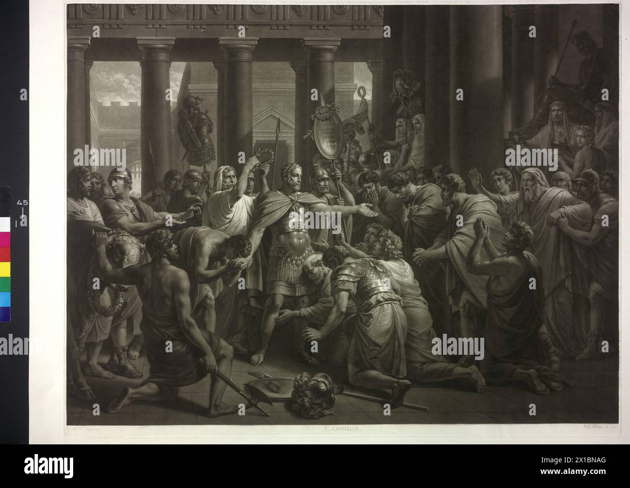 Camillus is to the strongman appeal, from the Roman history (Livy, Roman story, V-VI), mezzotint by Vincenz Georg Kininger from 1827 based on painting by Henry Frederick Fueger. typeface to Pk 511, 37, - 18270101 PD40467 - Rechteinfo: Rights Managed (RM) Stock Photo