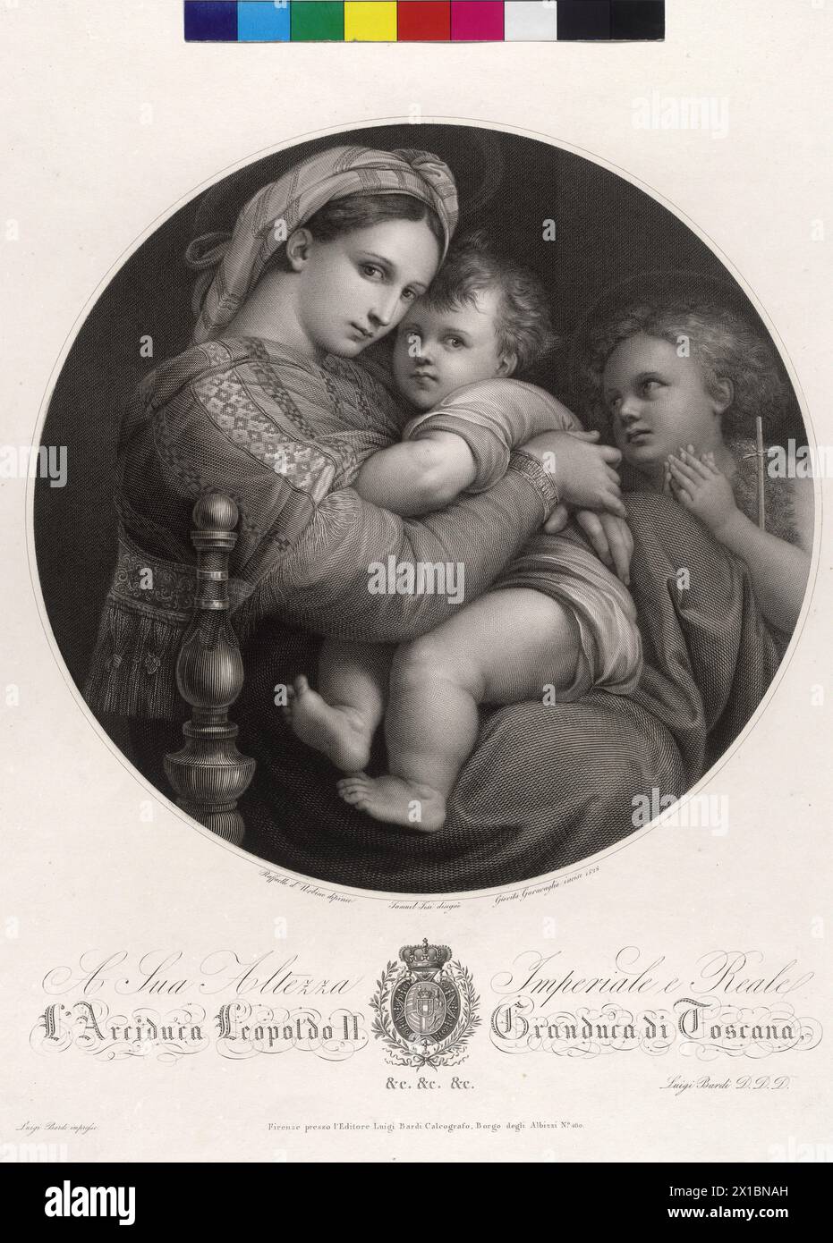 Mary with child - Madonna della Sedia, Madonna with child and saint Johannes of the baptist The 'Madonna della Sedia' - also called 'della Seggiola' - owing her title the at right angles setting arm chair, in the Mary with the Christ child proving is, copper engraving by Giovita Garavaglia based on drawing by Samuel Jesi, based on painting by Raphael since 1589 belong the painting to the core collection of the Medici collection in the Tribuna of the Uffizi Gallery. with Widmund at Leopold II Grand Duke of the Tuscany, with coat of arms, - 18280101 PD0355 - Rechteinfo: Rights Managed (RM) Stock Photo