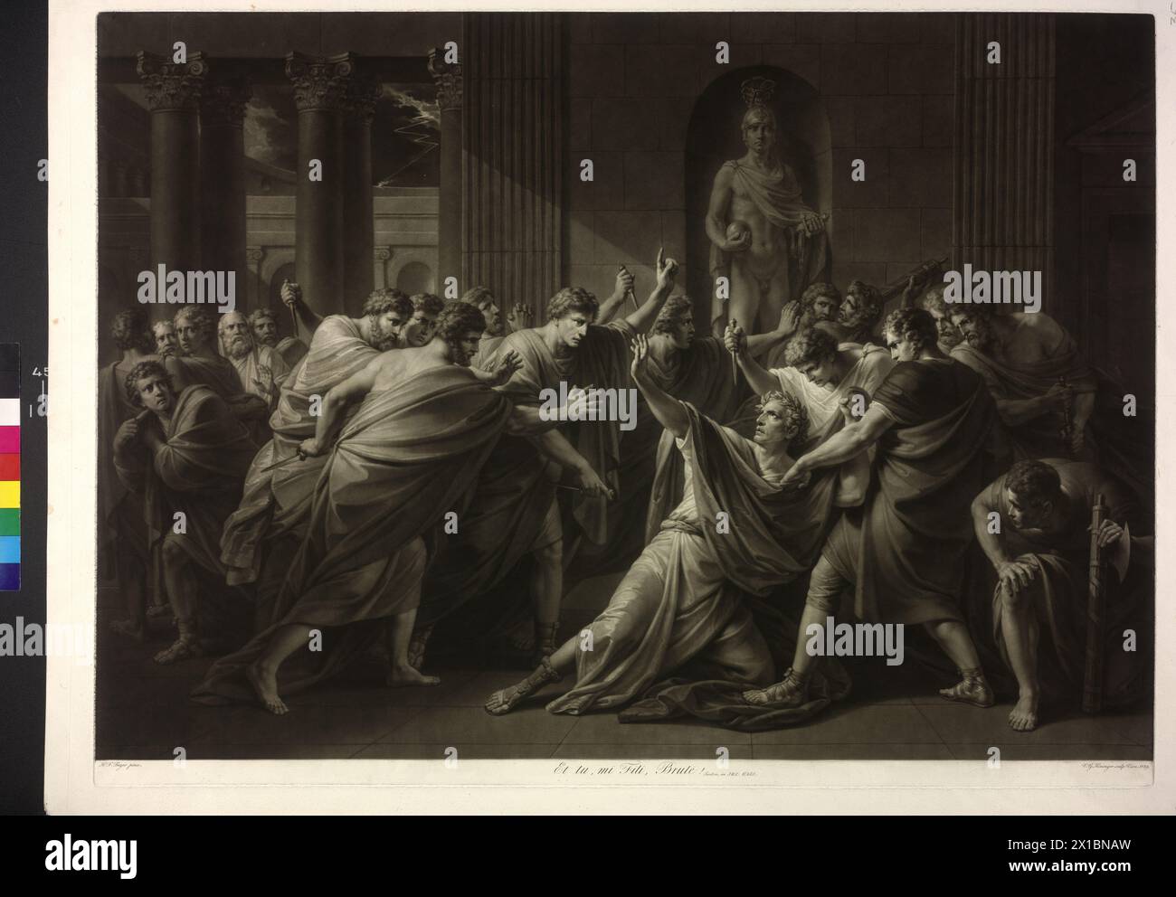 The murder Gaius Julius Caesar, mezzotint by Georg Vincenz Kininger 1829 based on painting by Henry Frederick Fueger, - 18290101 PD0397 - Rechteinfo: Rights Managed (RM) Stock Photo