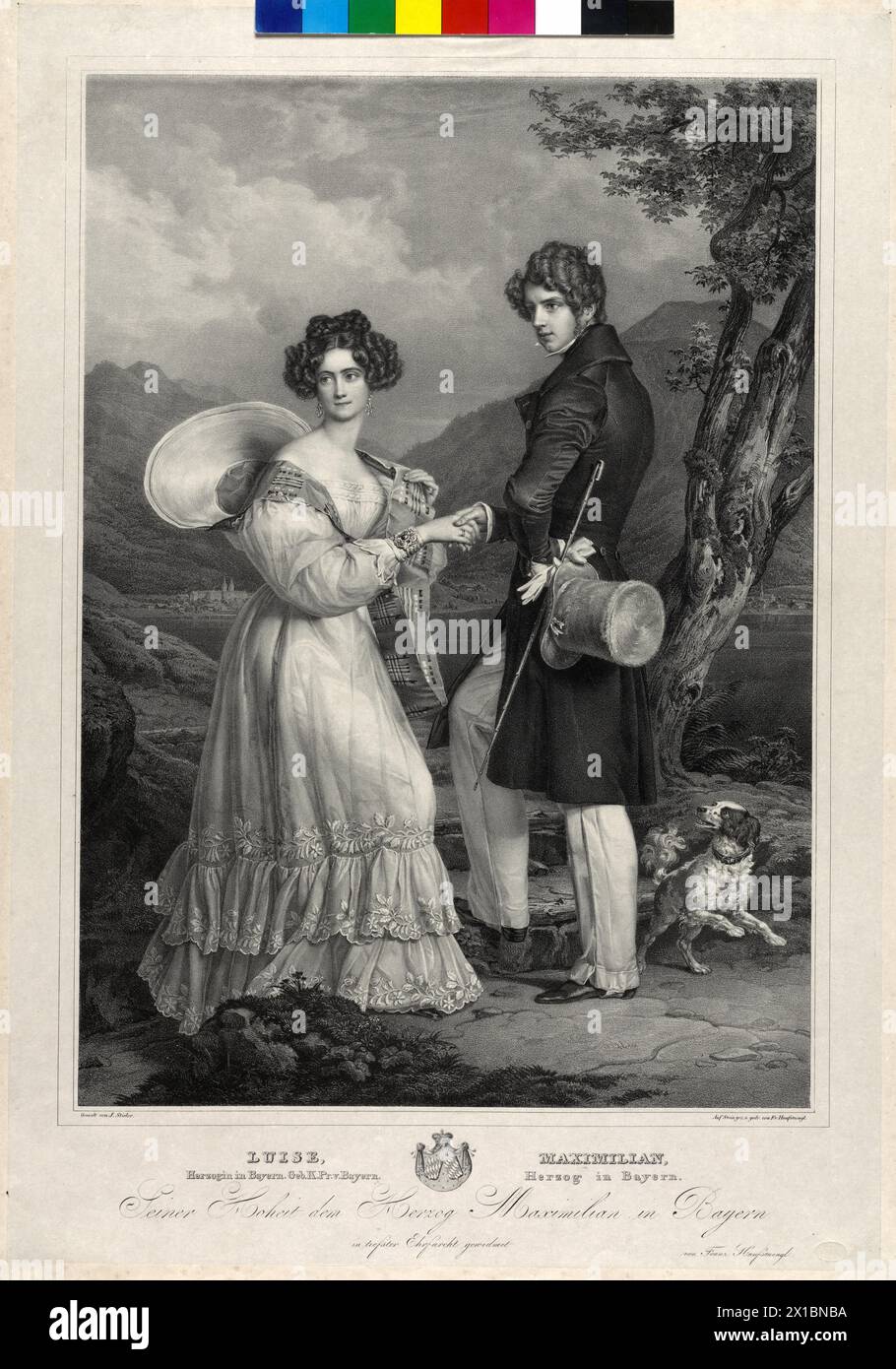 Maximilian, duke in Bavaria and his wife Louisa, The couple in the outside, together with a dog, The Tegernsee with the eponymous village, lithograph by Franz Seraph Hanfstaengl based on a painting by Joseph Charles Stieler. coat of arms. China, - 18300101 PD3071 - Rechteinfo: Rights Managed (RM) Stock Photo
