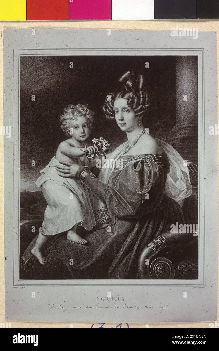 Franz Joseph I, Emperor of Austria, children image. Franz Joseph at lap of his mother archduchess Sophie. photo reproduction based on a graphic reproduction based on template of the painting by Joseph Karl Stieler (1832), - 18320101 PD0684 - Rechteinfo: Rights Managed (RM) Stock Photo