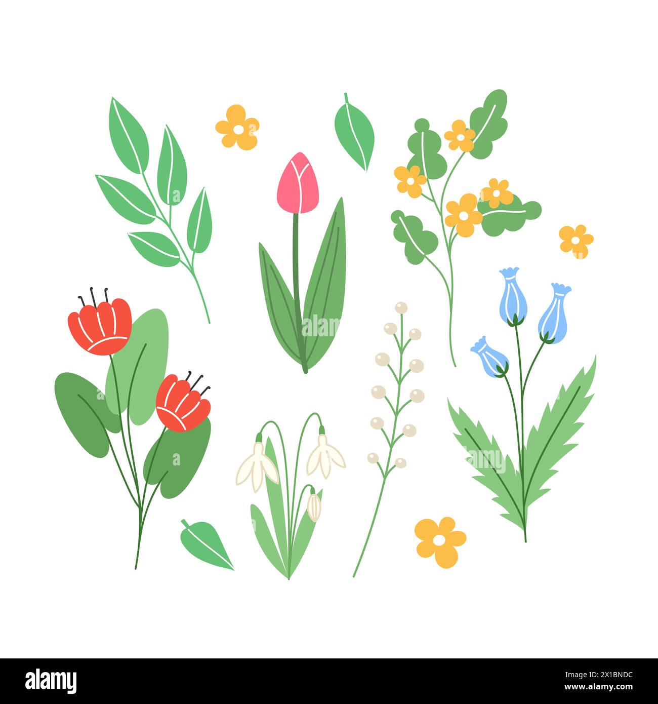 Spring Cartoon Flowers Vector Spring set of elements from flowers and branches in cartoon style Stock ...
