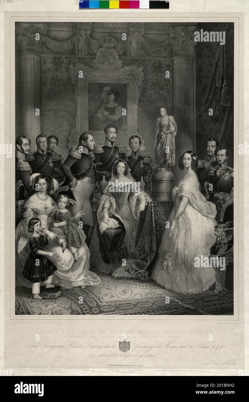 Louis II Grand Duke of Hesse and at Rhine in the family circle. at meditation of the miniature of the monument Ludwig I- put up to Darmstadt at XXV. August MDCCCXLIV, lithograph by Karl Kratz based on draft by Moritz from Schwind. coat of arms. China, - 18440101 PD0781 - Rechteinfo: Rights Managed (RM) Stock Photo