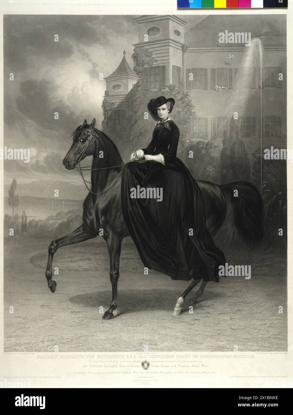 Empress Elisabeth of Austria &. &. &. as princess bride of Possenhofen MDCCCLIII, picture on horse in front of the Possenhofen Castle, steel engraving by Andreas Fleischmann based on an ad vivum painting by Karl von Piloty and Franz Adam. coat of arms, - 18530101 PD0723 - Rechteinfo: Rights Managed (RM) Stock Photo