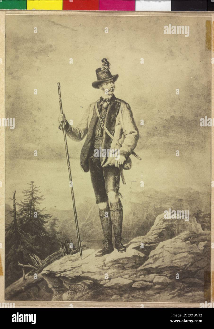 Franz Joseph I, Emperor of Austria, Franz Joseph I in Upper Austrian traditional costume in the environment of Ischl. photo reproduction based on a lithograph by Joseph Kriehuber, - 18580101 PD0722 - Rechteinfo: Rights Managed (RM) Stock Photo