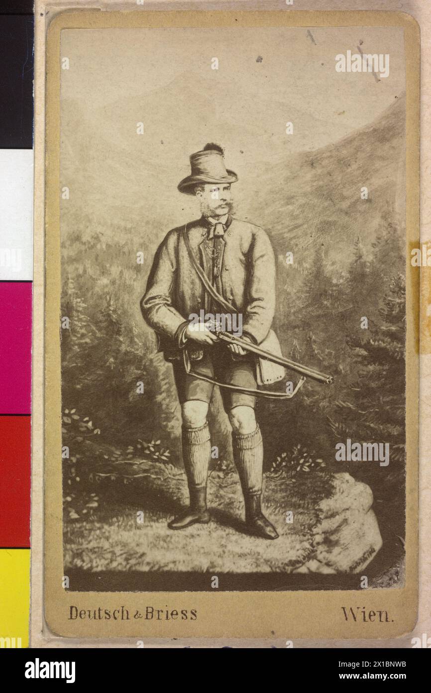 Franz Joseph I, Emperor of Austria, Franz Joseph I in Upper Austrian traditional costume in the environment of Ischl. photo reproduction based on a lithograph by von Anton Dietrich (1861), - 18610101 PD0891 - Rechteinfo: Rights Managed (RM) Stock Photo