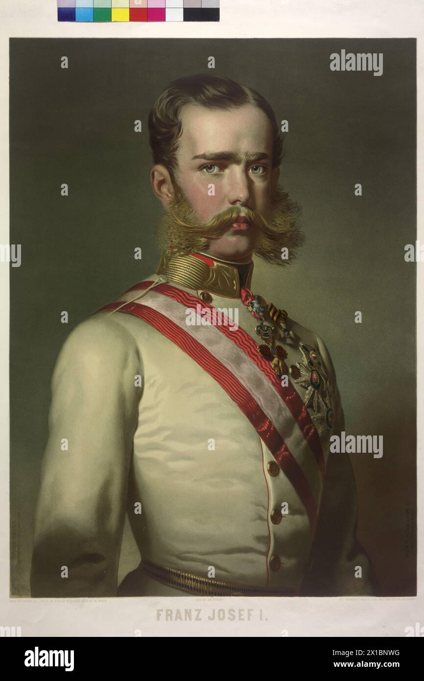 Franz Joseph I, Emperor of Austria, half length, half dexterwise, in field marshal full dress uniform German adjustment colour lithograph by Eduard Emperor based on own drawing, in the stone signed and dated 'EDUARD KAISER NACH DER NATUR GEZEICHNET 13. APRIL 1861', - 18610101 PD0904 - Rechteinfo: Rights Managed (RM) Stock Photo