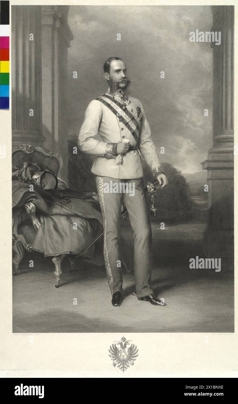 Franz Joseph I, Emperor of Austria, picture in gala uniform in front of architecture prospectus, steel engraving by Louis Jacoby based on painting by Franz Xavier Winterhalter (original in the Viennese Hofburg Palace), - 18650101 PD0150 - Rechteinfo: Rights Managed (RM) Stock Photo