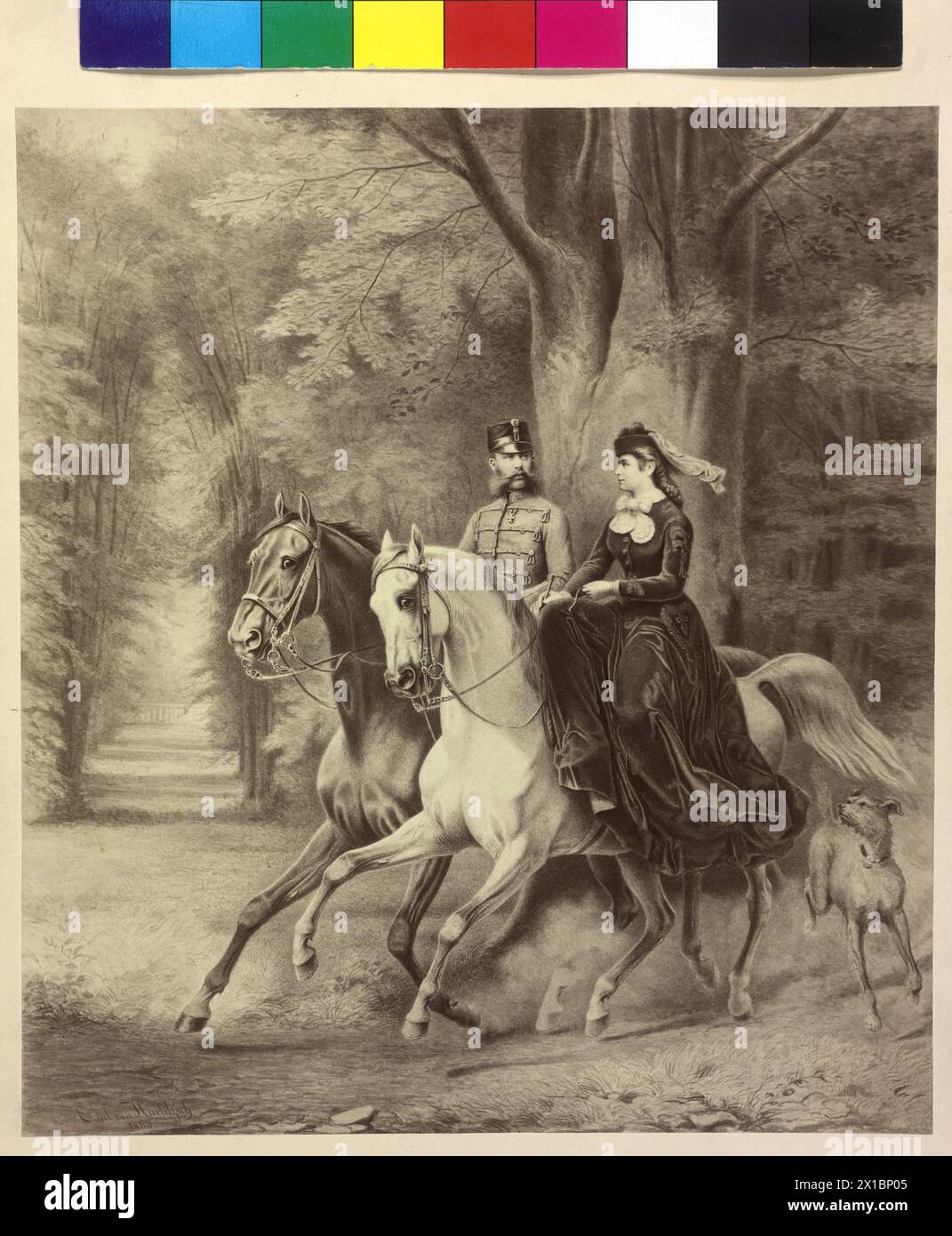 Franz Joseph I, Emperor of Austria and Elisabeth, Empress of Austria, Franz Joseph on horse in crusade uniform of an Imperial and Royal field marshal in Hungarian adjustment together with Elisabeth (in the side saddle), photo reproduction, mislay through 'A. Hoffmann, Berlin' based on painting by Emil von Hartitzsch (1868), - 18680101 PD1079 - Rechteinfo: Rights Managed (RM) Stock Photo