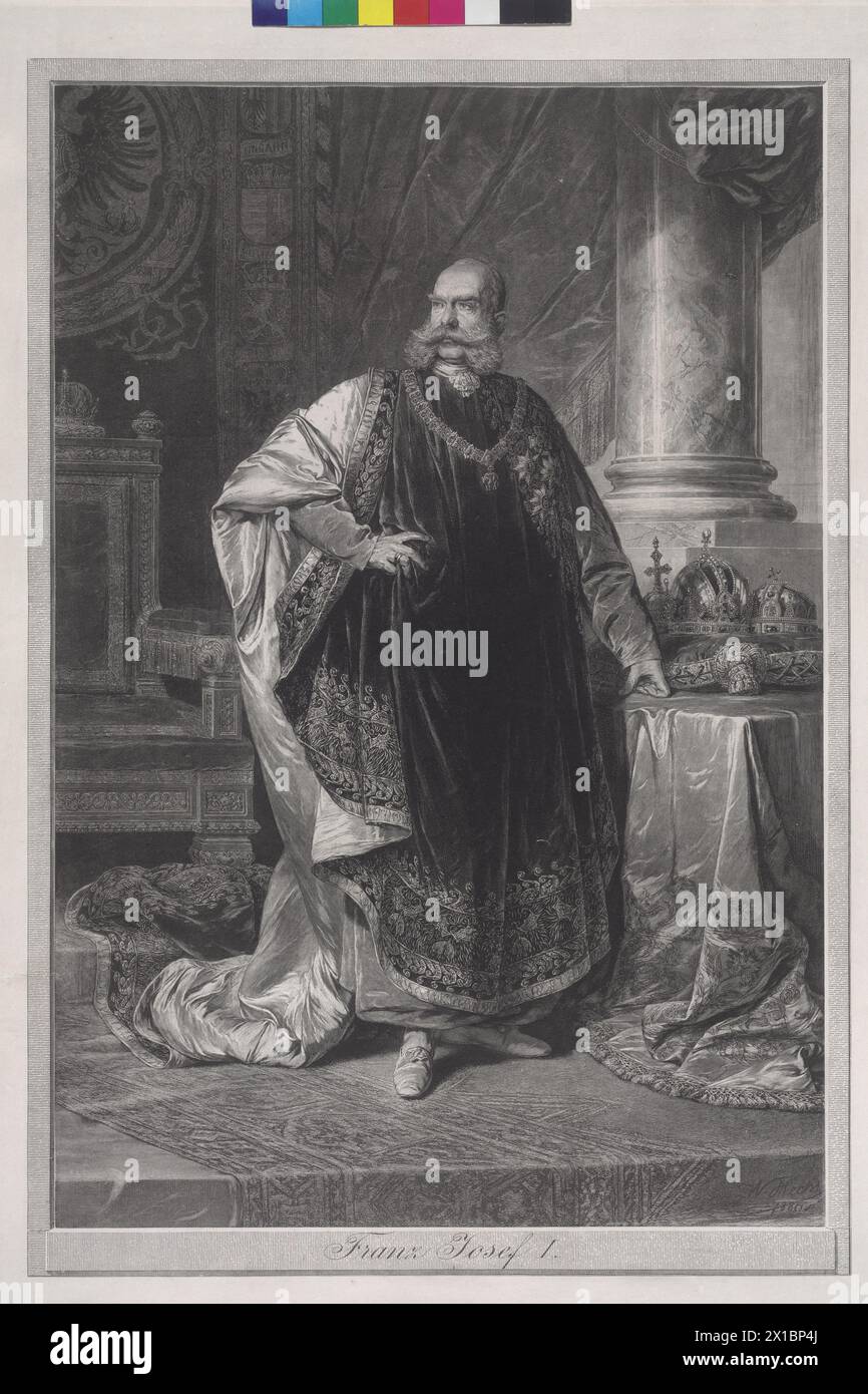 Franz Joseph I in the fleece robe, whole figure standing, half left, in the habiliments of the head and sovereign of the Austrian Order of The Golden Fleece, next to himselves Austrian and Hungarian crown. wood engraving by Wilhelm Hecht based on painting by Henry von Angeli, - 18860101 PD1452 - Rechteinfo: Rights Managed (RM) Stock Photo