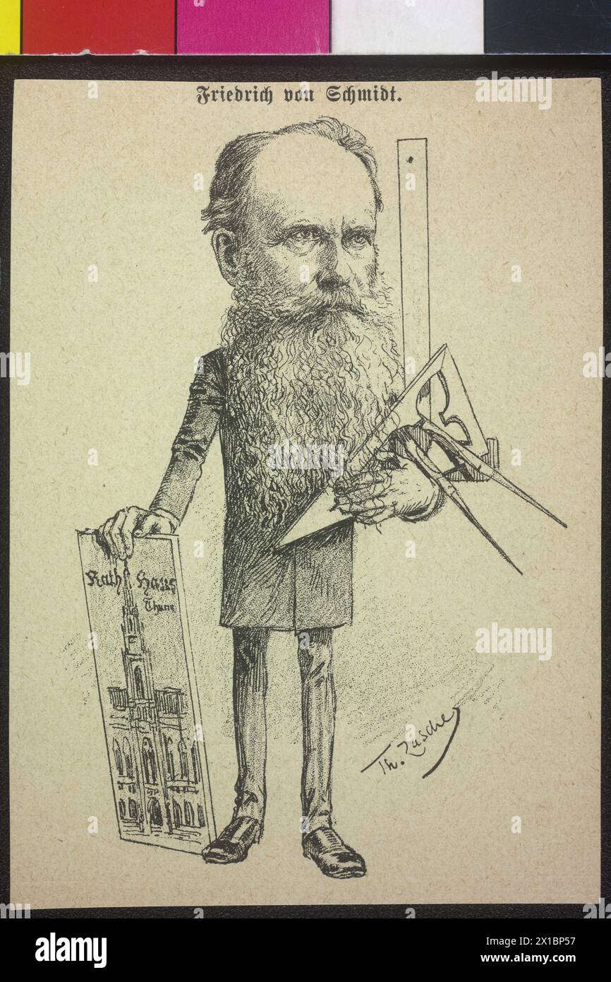 Schmidt, Frederick Baron, caricature with vertical plan of the city hall, Circinus and rulers in the 'Floh' 1890, - 18900101 PD15284 - Rechteinfo: Rights Managed (RM) Stock Photo