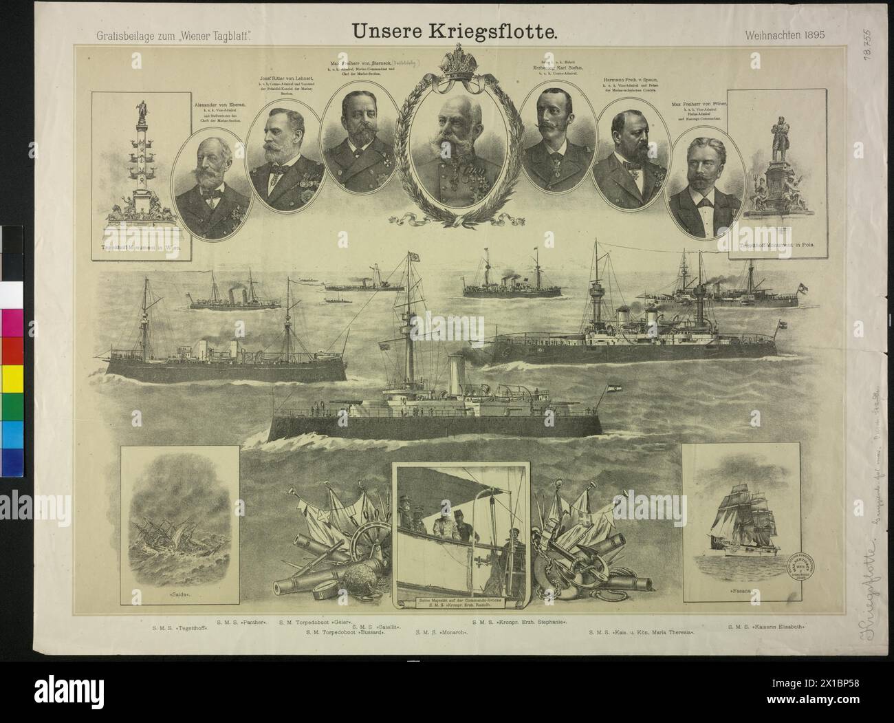 Our navy, tableau with motifs of the Imperial and Royal navy: ships, monument and portrait. toned lithograph, - 18950101 PD8326 - Rechteinfo: Rights Managed (RM) Stock Photo
