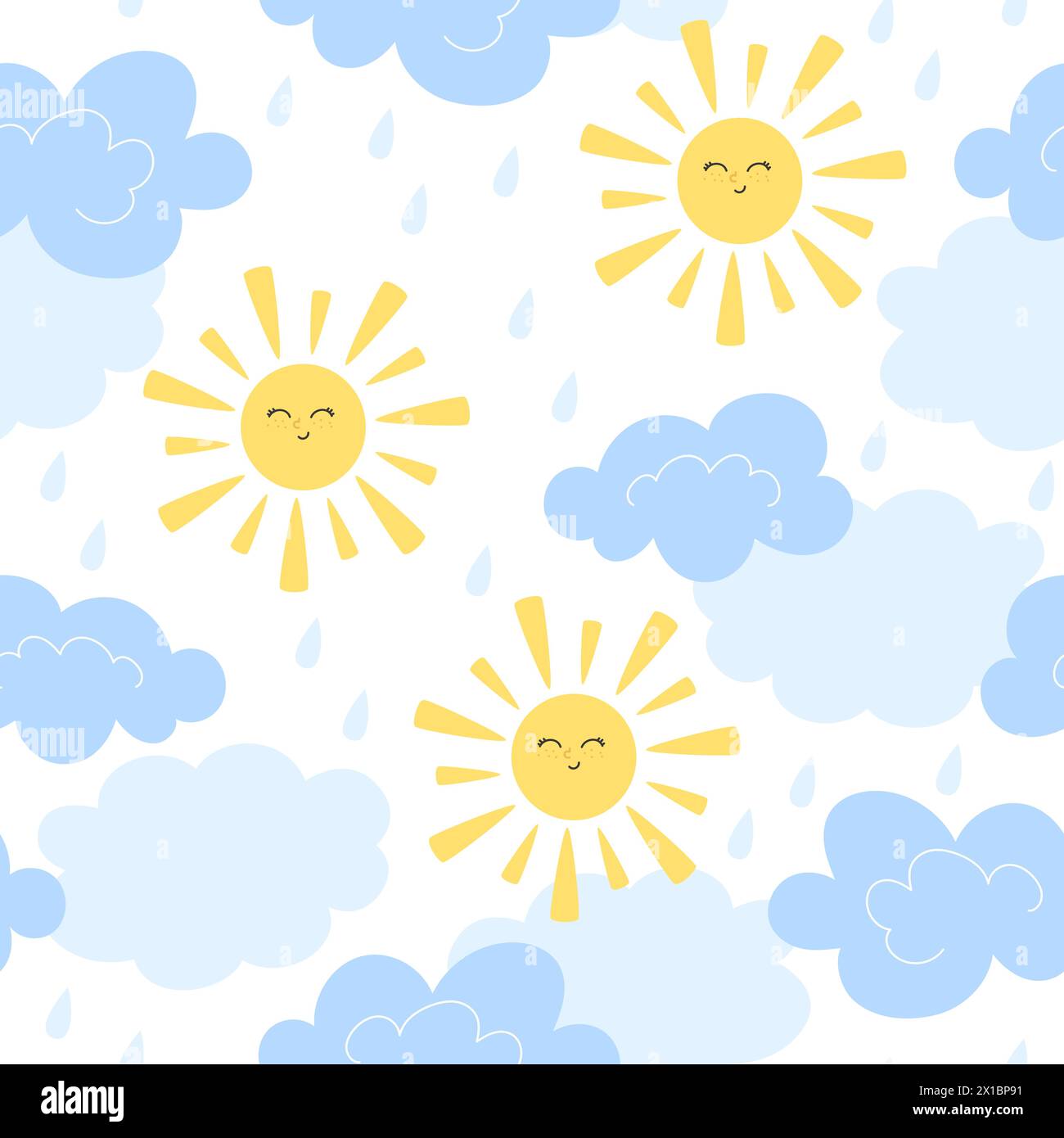 Seamless pattern with sun and clouds in cartoon style Stock Vector