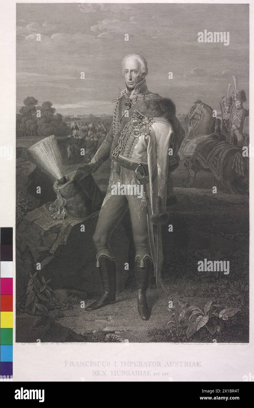 Francis II, Roman German Emperor, picture as Emperor of Austria in Hungarian uniform, steel engraving by Karl Rahl based on a painting by Johann Peter Krafft, - 19300101 PD24039 - Rechteinfo: Rights Managed (RM) Stock Photo