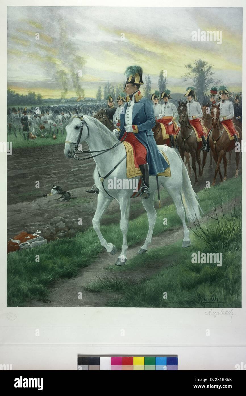 Karl, Archduke of Austria, picture on horse. coloured photoengraving based on painting by Felician von Myrbach-Rheinfeld. by painter signed 'Myrbach', pencil, - 19300101 PD35572 - Rechteinfo: Rights Managed (RM) Stock Photo