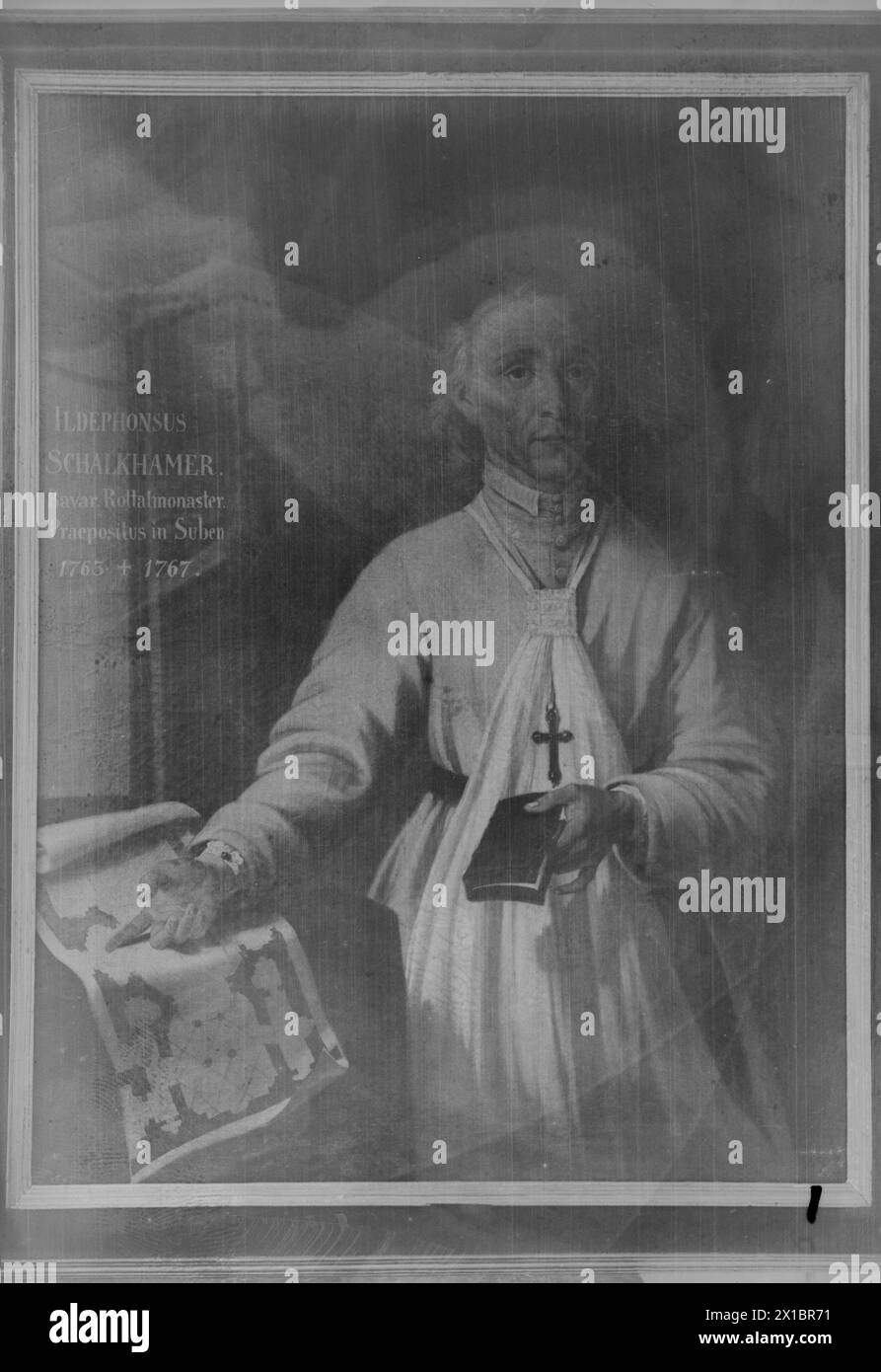 Abbot Ildephonsus Schalkhamer, picture in white livery, prayer book in the left hand, right pointing on the outline of the new church, oil painting on canvas in the convent floor of the Augustinian abbey in Reichersberg, Upper Austria, - 19350101 PD11114 - Rechteinfo: Rights Managed (RM) Stock Photo