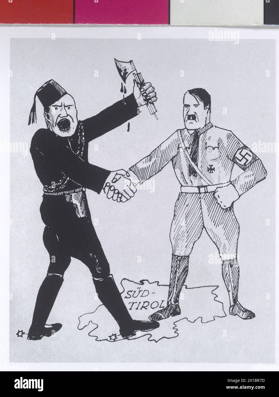 Mussolini, Benito and Hitler, Adolf, caricature on Mussolinis compromise with Hitler with respect to South Tyrol, print based on drawing, - 19380503 PD0031 - Rechteinfo: Rights Managed (RM) Stock Photo