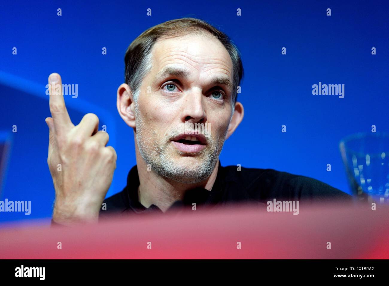 Bayern Munich manager Thomas Tuchel during a press conference at the Allianz Arena, Munich. Picture date: Tuesday April 16, 2024. Stock Photo
