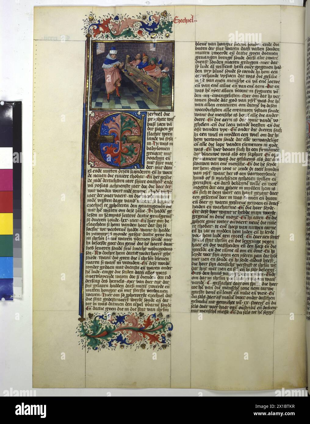 Full page: text, covering colour initial, decorative stick, full page: text, covering colour initial, decorative stick and miniature (Ezekiel presage his fellow prisoner), - 19830422 PD10728 - Rechteinfo: Rights Managed (RM) Stock Photo