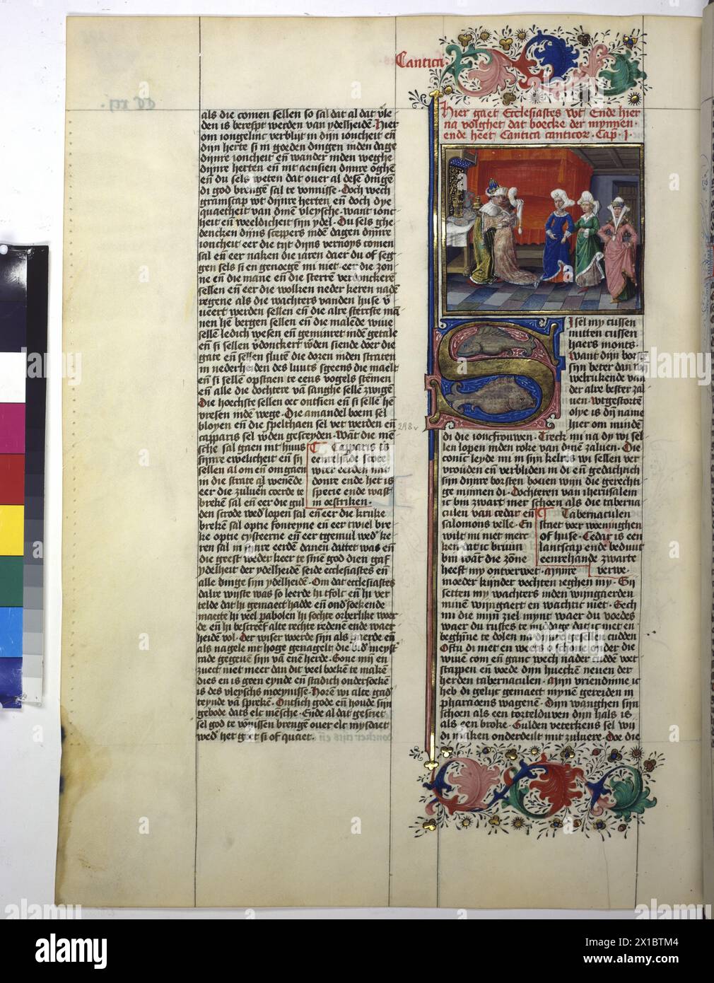 Full page: text, covering colour initial, decorative stick, full page: text, covering colour initial, decorative stick and two miniatures (on the left: The spirit in figure of a penitent genuflect on brambles BC, the yourself instruct, on the right: Solomon instruct of a young man), - 19830422 PD10736 - Rechteinfo: Rights Managed (RM) Stock Photo