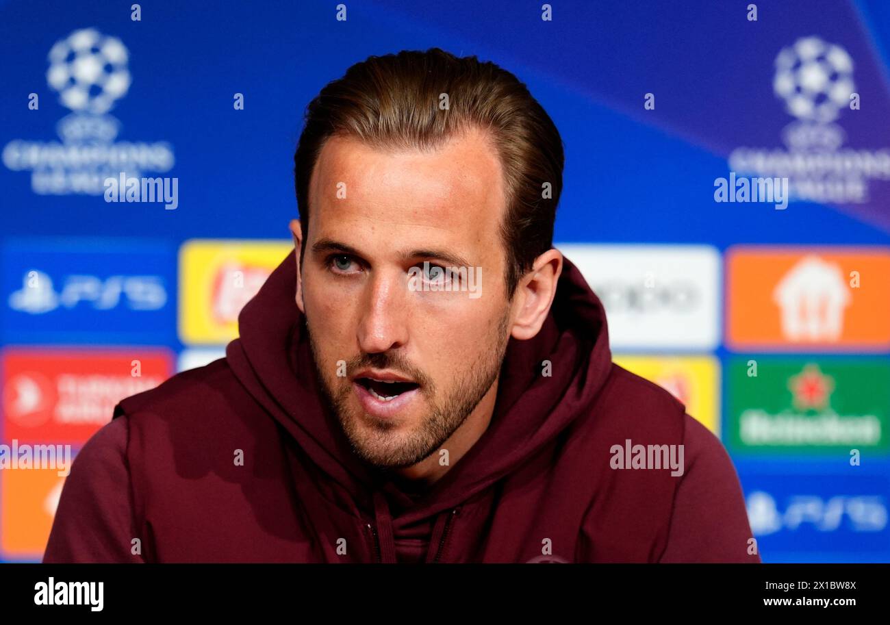 Bayern Munich's Harry Kane during a press conference at the Allianz Arena, Munich. Picture date: Tuesday April 16, 2024. Stock Photo