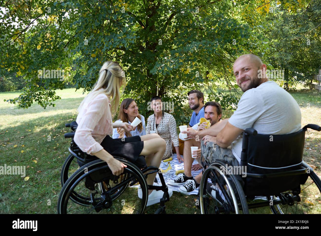 A heartwarming scene of inclusion, showing friends sharing smiles and conversation at a park picnic, with people who use wheelchairs. Stock Photo