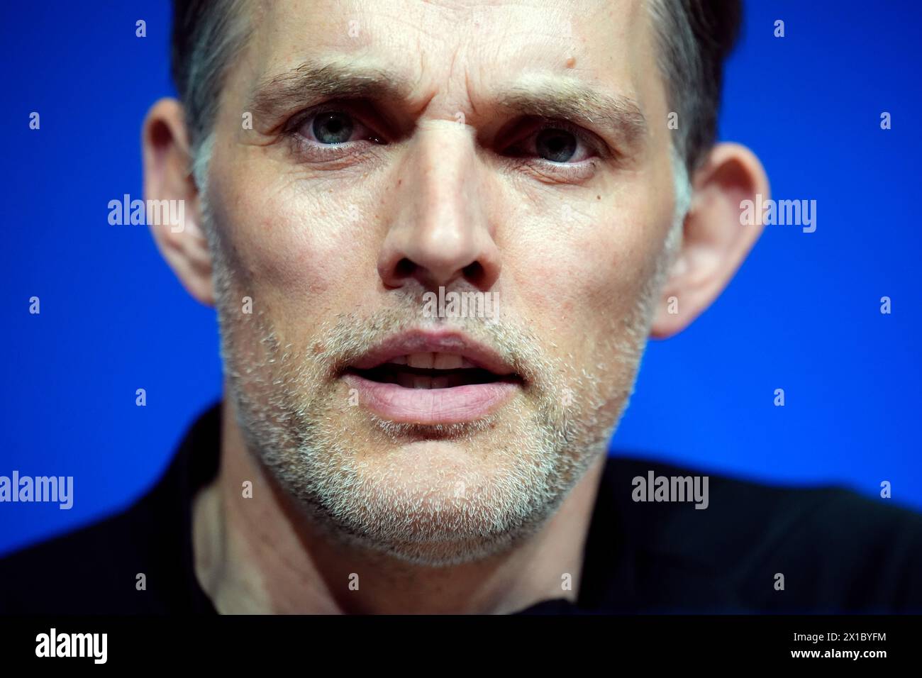 Bayern Munich manager Thomas Tuchel during a press conference at the Allianz Arena, Munich. Picture date: Tuesday April 16, 2024. Stock Photo