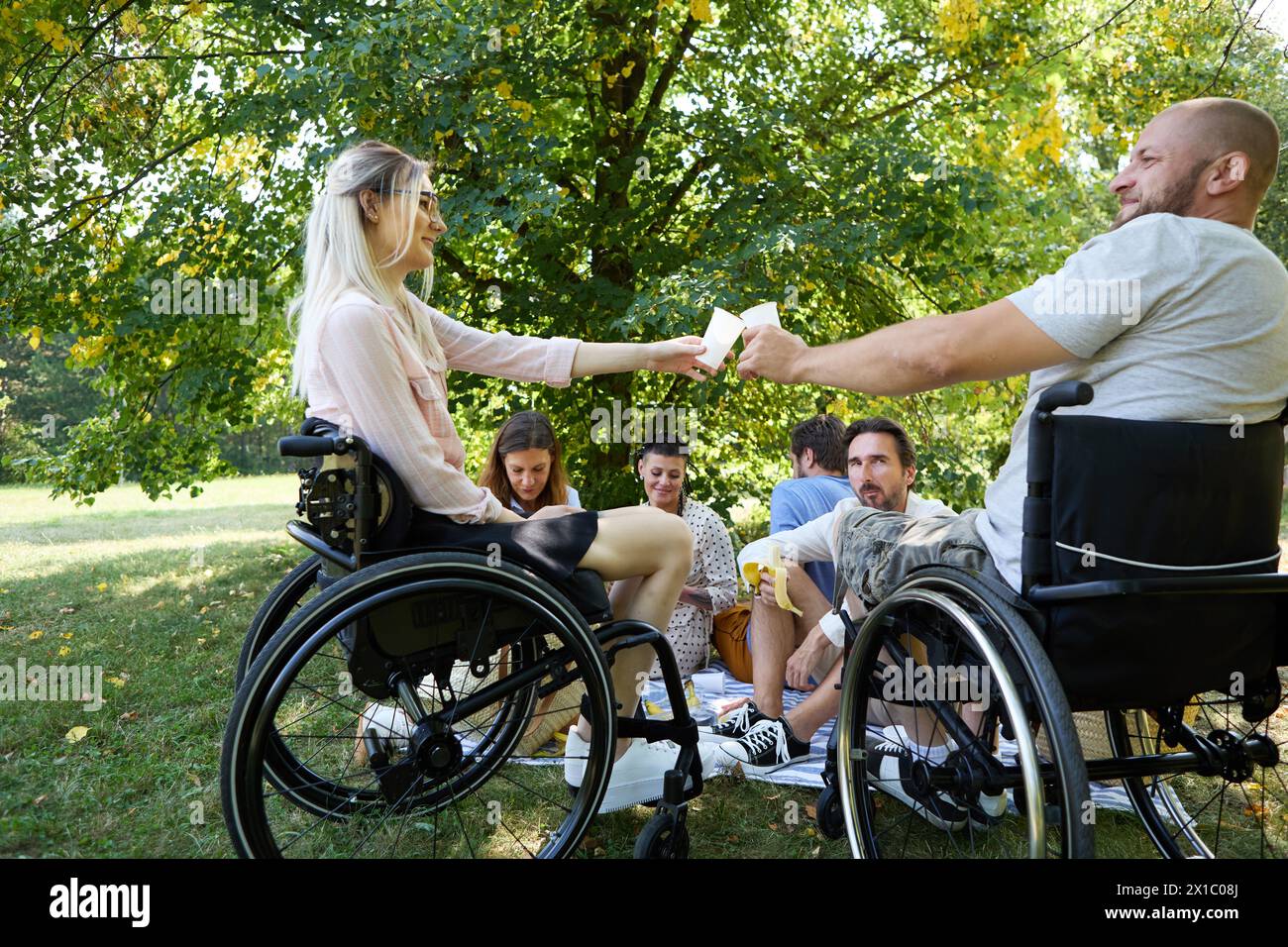 A diverse group enjoys a sunny day outdoors with two friends in wheelchairs passing a card, symbolizing inclusion. Stock Photo