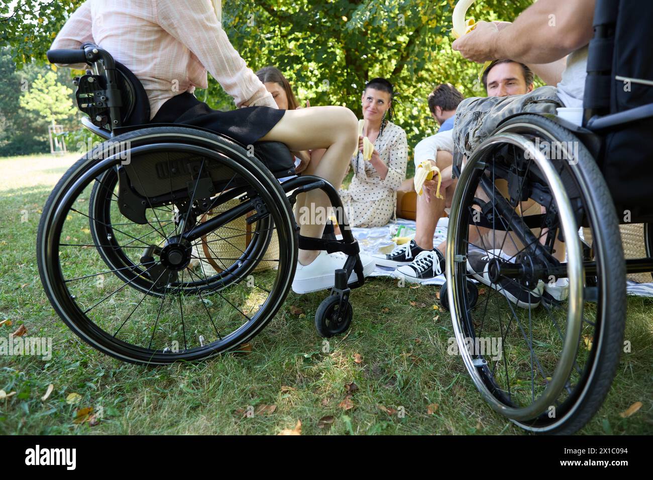 A group of friends with and without disabilities sharing a joyful picnic on a sunny day, showcasing inclusivity and friendship. Stock Photo