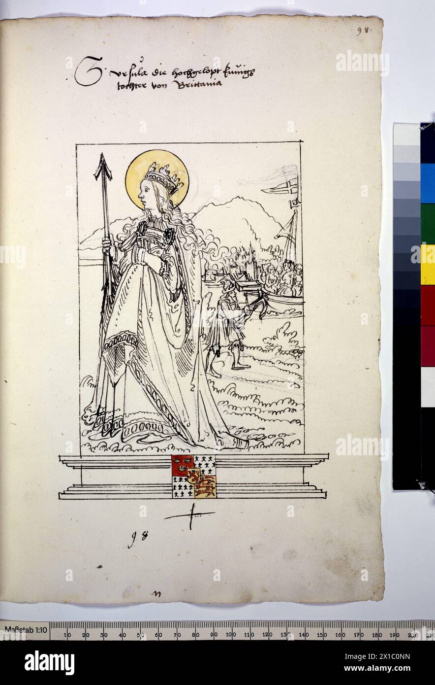 The saints of the Clanship and Consanguinity Maximilian, full page: coloured pen drawing (Saint Ursula of Cologne, the death of her companions in the background), - 19830422 PD140506 - Rechteinfo: Rights Managed (RM) Stock Photo