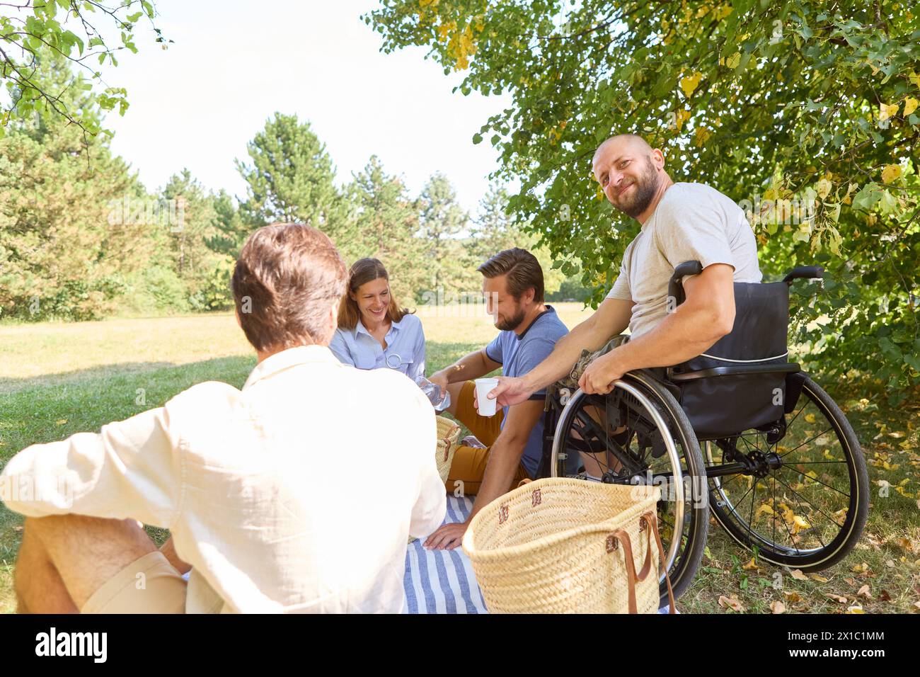 A cheerful outdoor scene where friends gather, including a person in a wheelchair, sharing laughs and conversation under the shade of green trees. Stock Photo