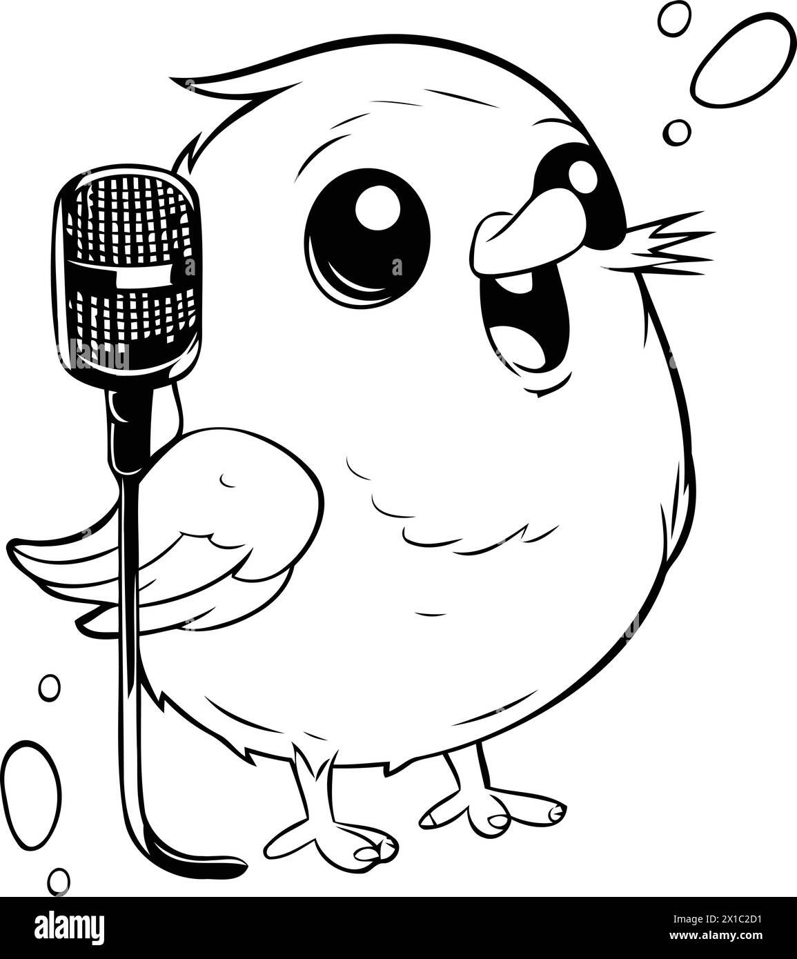 Cute cartoon bird singing with microphone on white background. Vector
