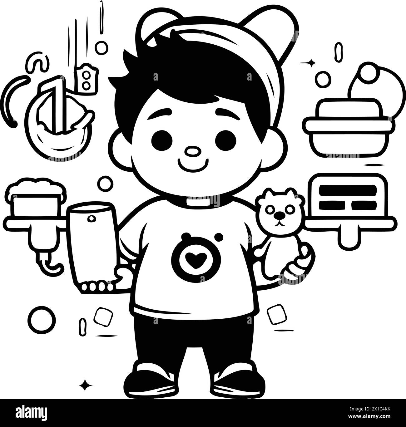 Cute little boy holding a teddy bear. Vector illustration Stock Vector
