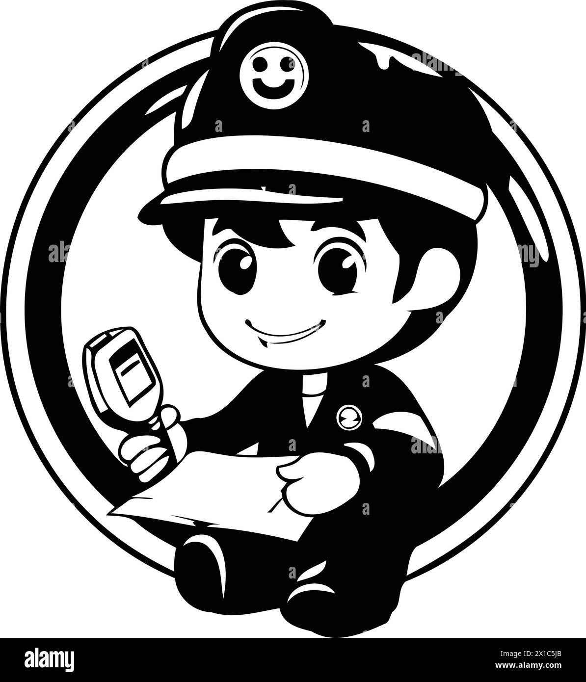 Illustration of a boy in a police uniform holding a glucometer Stock Vector