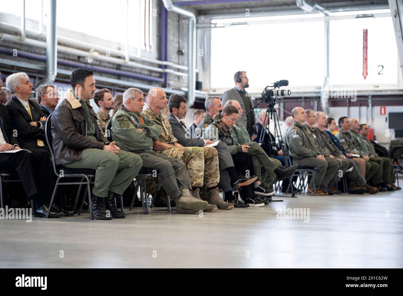 Press event at Skrydstrup Air Base where Argentina's Minister of Defense Luis Alfonso Petri meets with Troels Lund Poulsen on Tuesday, April 16, 2024. The occasion is the sale of Danish F-16 aircraft to Argentina and the contract for the sale of 24 Danish F-16 fighter jets to Argentina is being signed. (Photo: Bo Amstrup/Ritzau Scanpix) Stock Photo