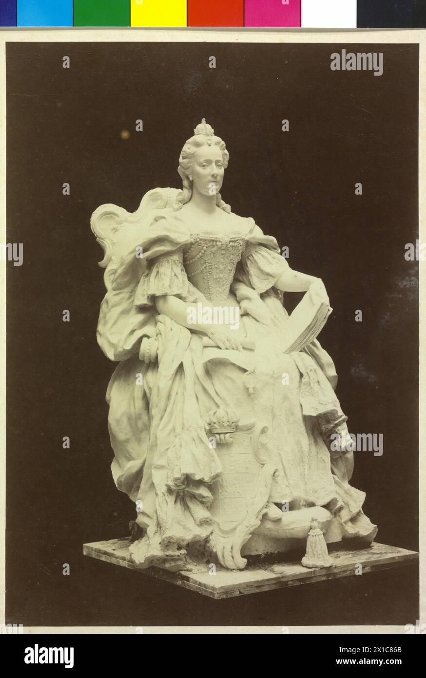 Empress Maria Theresa, full-length sitting, half right, with circlet, scroll with seal in the raked, part with the left on the lap retentively, foot on cushion, in front of the raked foot standing cartouche crest. photograph to sculpture (from Arthur strass / +1927 /, put out in the Seidenhof 1898: Maria Th. in the old from 35 years as sponsor of the silk industry), - 19830422 PD60583 - Rechteinfo: Rights Managed (RM) Stock Photo