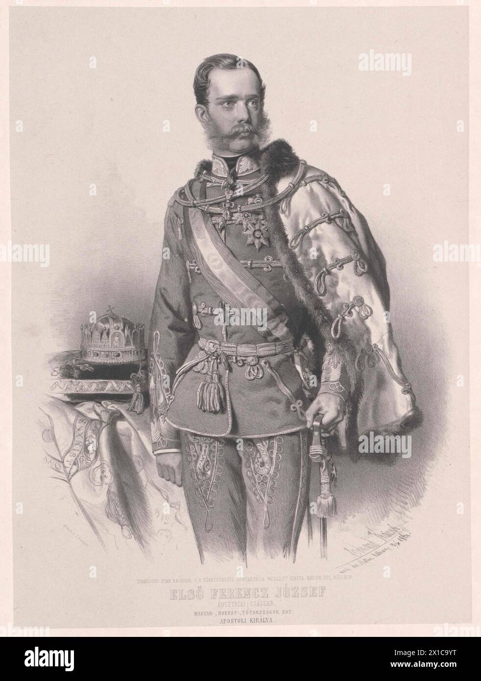 Franz Joseph I, Emperor of Austria, picture: half-length standing, half from the right, in Hungarian uniform with Heller, around the left shoulder hanged man Attila, vestment and, to the rightist the Holy Crown of Hungary on pillow, the left at sabre hilt. lithograph based on the nature von Eduard Kaiser. in stone signed and dated: 13.04.1861, under it Hungarian legend. Chinapapier, - 19830422 PD6778 - Rechteinfo: Rights Managed (RM) Stock Photo