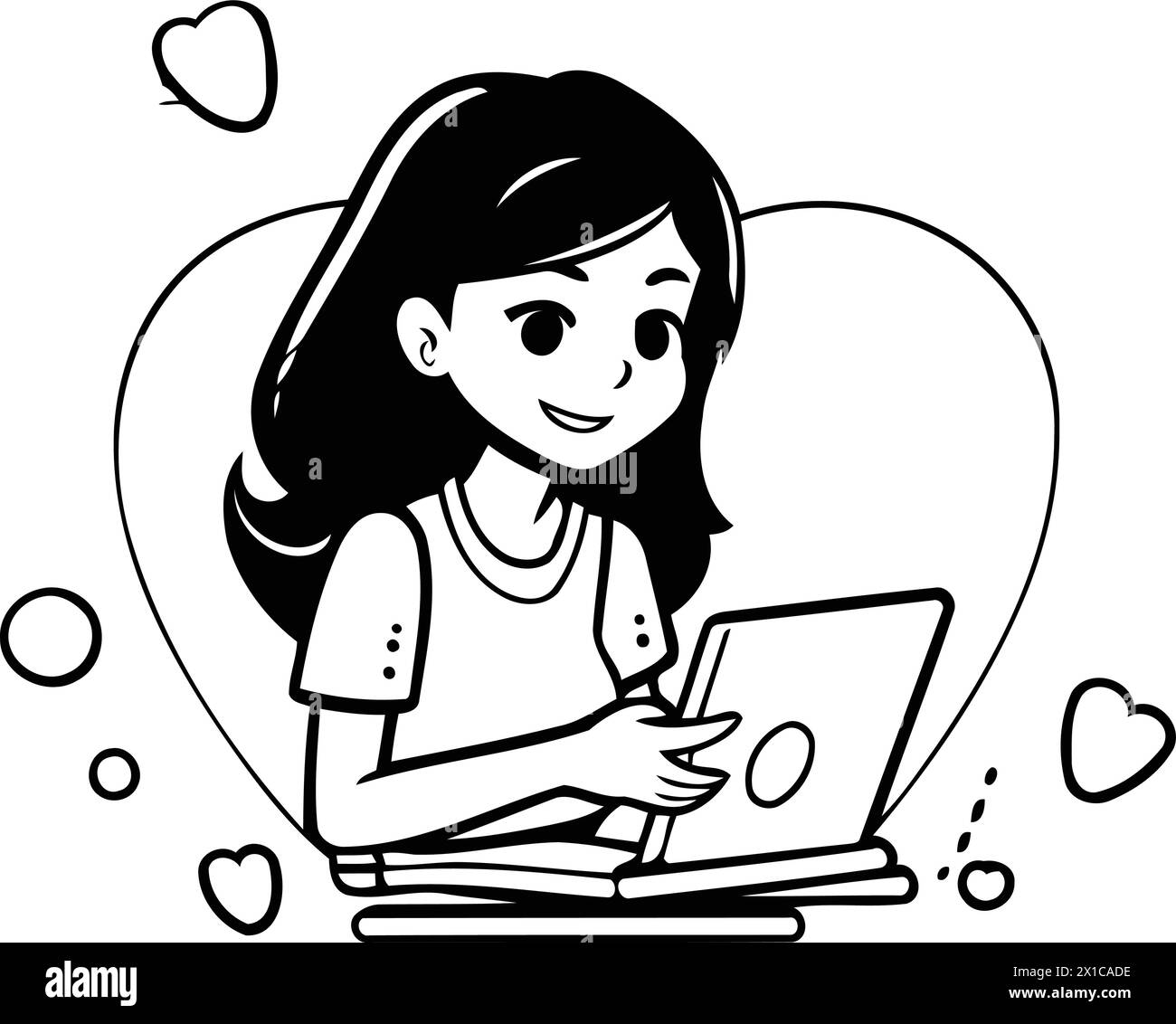 Girl with laptop and hearts. Vector illustration in flat cartoon style. Stock Vector