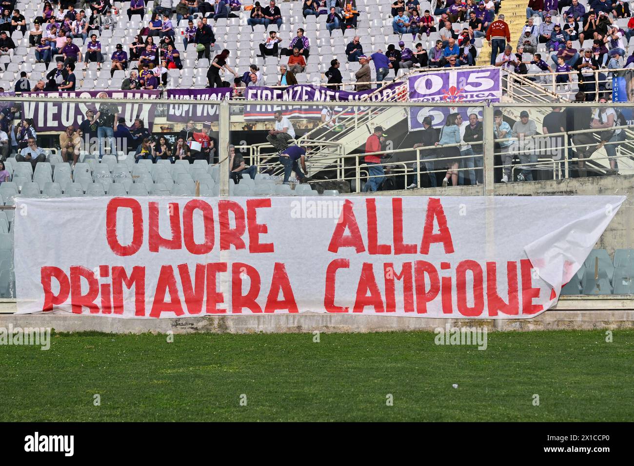 Florence, Italy. 15th Apr, 2024. A banner for the victory of Coppa Italia Primavera during ACF Fiorentina vs Genoa CFC, Italian soccer Serie A match in Florence, Italy, April 15 2024 Credit: Independent Photo Agency/Alamy Live News Stock Photo