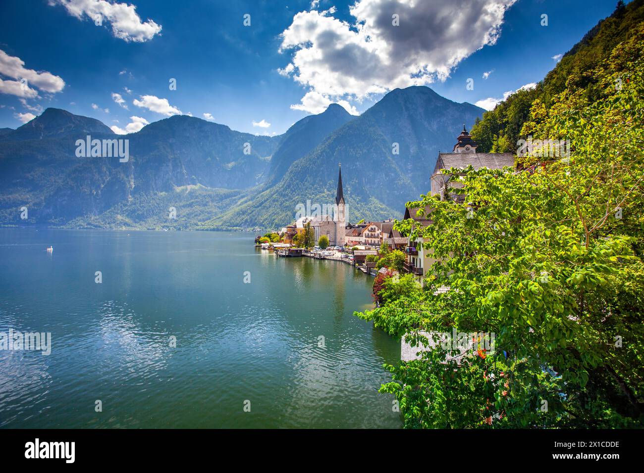 Hallstatt village by the lake with alpine mountains and clear skies Stock Photo